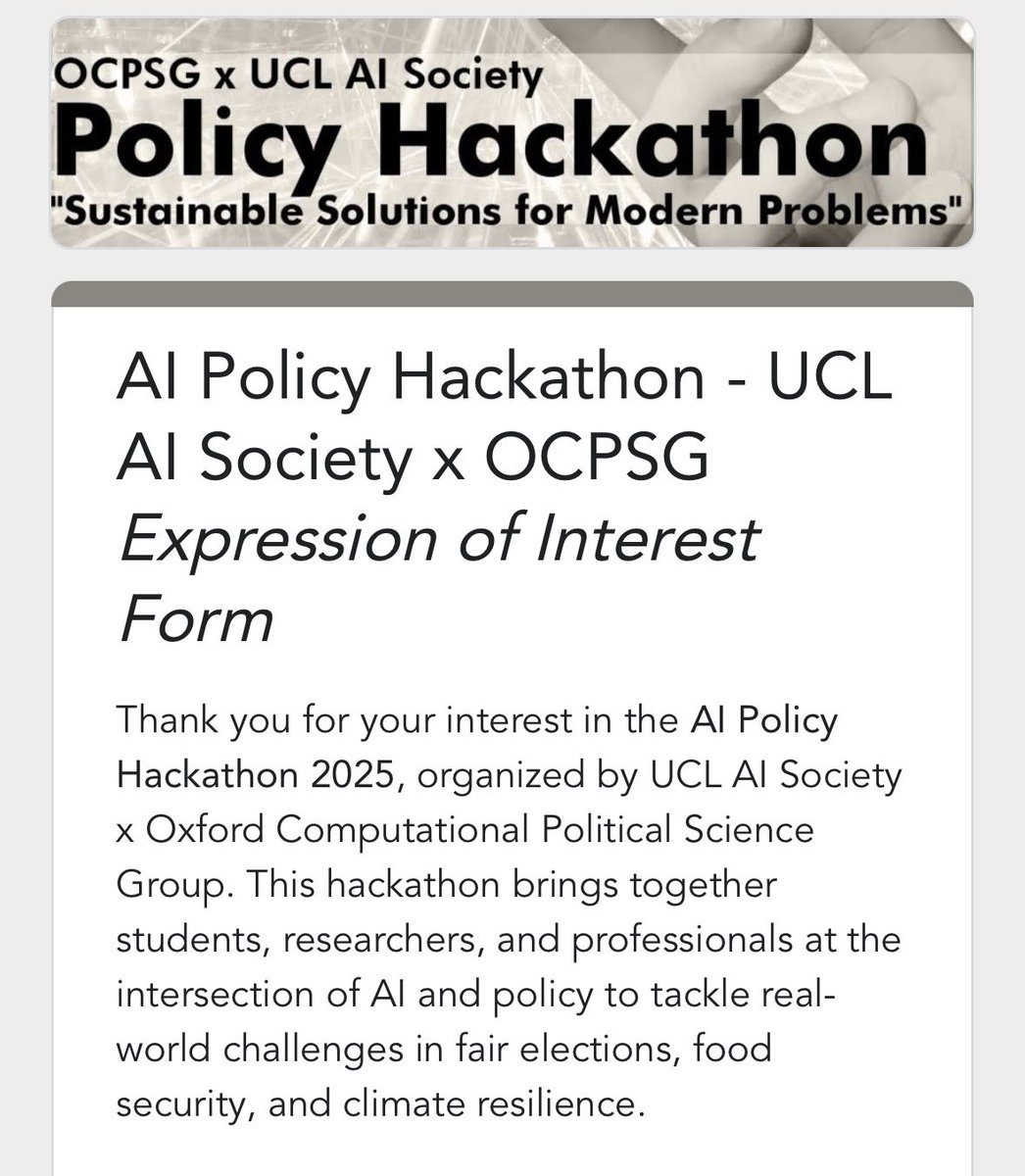 Anastasia Bektimirova (@anastasiabekt) on Twitter photo Love seeing this. Open to academia and industry, this hackathon brings policy/social science and technical AI expertise together for solution-focused collaboration.
Knowledge spillovers + cross-disciplinary fluency + community-building all round š
docs.google.com/forms/d/e/1FAI⦠Love seeing this. Open to academia and industry, this hackathon brings policy/social science and technical AI expertise together for solution-focused collaboration.
Knowledge spillovers + cross-disciplinary fluency + community-building all round š
docs.google.com/forms/d/e/1FAIā¦