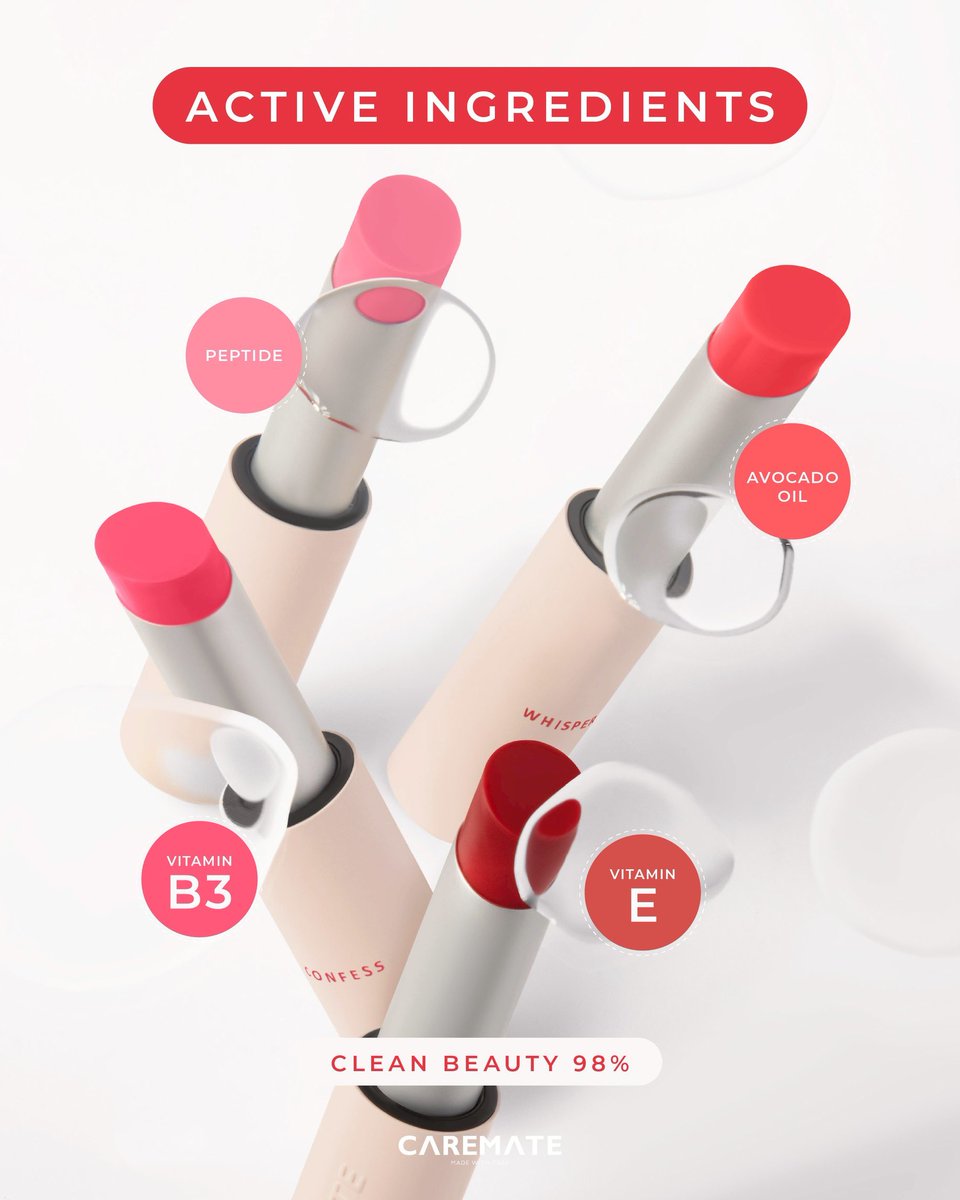 บำรุงอย่างล้ำลึก สีสวยชัด ฟื้นฟูให้ปากอวบอิ่ม
อย่างเป็นธรรมชาติ ด้วยลิปมาส์กปากฉ่ำ
B3 Tinted Lip Mask ตัวใหม่จากแคร์เมท 💖

อ่อนโยนด้วยสารสกัดจากธรรมชาติแบบอัดแน่น

♡ Peptide - ริมฝีปากอวบอิ่ม อ่อนเยาว์มากขึ้น
♡ Vitamin B3 - ปากสดใส ดูสุขภาพดี 
♡ Vitamin E - เติมความชุ่มชื้น