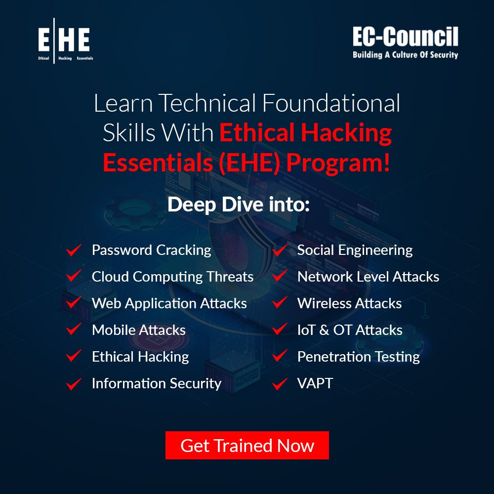 ECCOUNCIL's tweet image. Enroll in the #EthicalHackingEssentials course and experience hands-on learning in #EthicalHacking and #InformationSecurity. Designed for individuals to begin #CybersecurityCareers, #EHE provides in-demand #TechnicalSkills. Register now: buff.ly/LdBrGwZ

#ECCouncil…