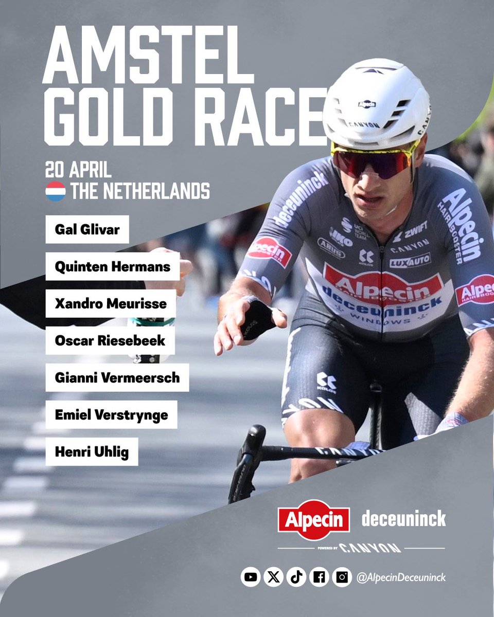 The <a href="/Amstelgoldrace/">Amstel Gold Race</a> is the first of the Ardennes Classics, with a hint of Flanders in the mix 😉

You can see that touch of Flemish flair in our lineup too.

<a href="/GalGlivar/">Gal Glivar</a> 
<a href="/Quintenhermans/">Quinten Hermans</a> 
<a href="/Xandro_Meurisse/">Xandro Meurisse</a> 
<a href="/OscarRiesebeek/">Oscar Riesebeek</a> 
<a href="/GVermeersch/">Gianni Vermeersch</a> 
<a href="/EmielVerstrynge/">Emiel Verstrynge</a> 
<a href="/HenriUhlig/">Henri Uhlig</a> 

Good luck,