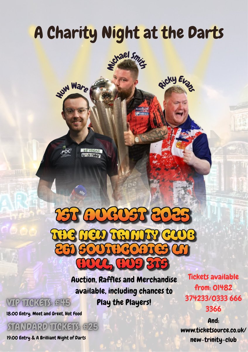 Martin Leak (@mmleak1605) on Twitter photo RB fundraising are pleased to announce our second charity darts night. This will again be held at the New Trinity club Hull Friday 1st August 2025. We have <a href="/BullyBoy180/">Michael Smith</a> <a href="/goodevans180/">'Rapid' Ricky Evans🎯</a> <a href="/HuwWare100/">Huw Ware</a> to entertain you. All ticket details below. Please RT and share on your socials. Will RB fundraising are pleased to announce our second charity darts night. This will again be held at the New Trinity club Hull Friday 1st August 2025. We have <a href="/BullyBoy180/">Michael Smith</a> <a href="/goodevans180/">'Rapid' Ricky Evans🎯</a> <a href="/HuwWare100/">Huw Ware</a> to entertain you. All ticket details below. Please RT and share on your socials. Will