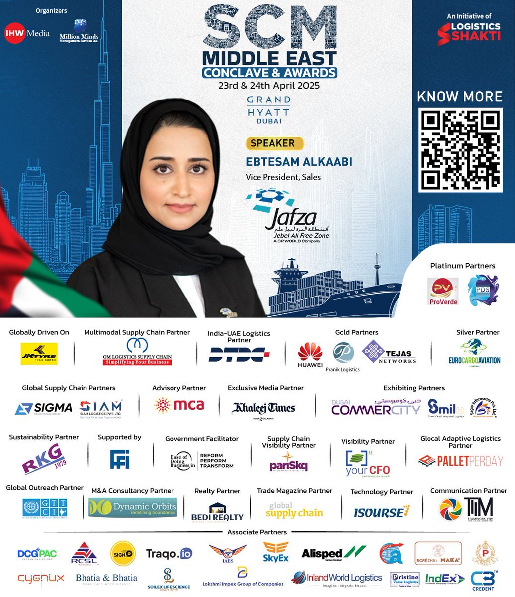 Logisticshakti's tweet photo. We are honored to have Ms. Ebtesam Alkaabi, Vice President, Sales, @jafzadubai , as an esteemed speaker at #SCMConclave.
Join us on April 23-24, 2025, at Grand Hyatt, Dubai!
Register as Delegate: https://t.co/L7b0KW2OG1
#SCMMiddleEast #LogisticsShakti https://t.co/NYcB5QxYXQ