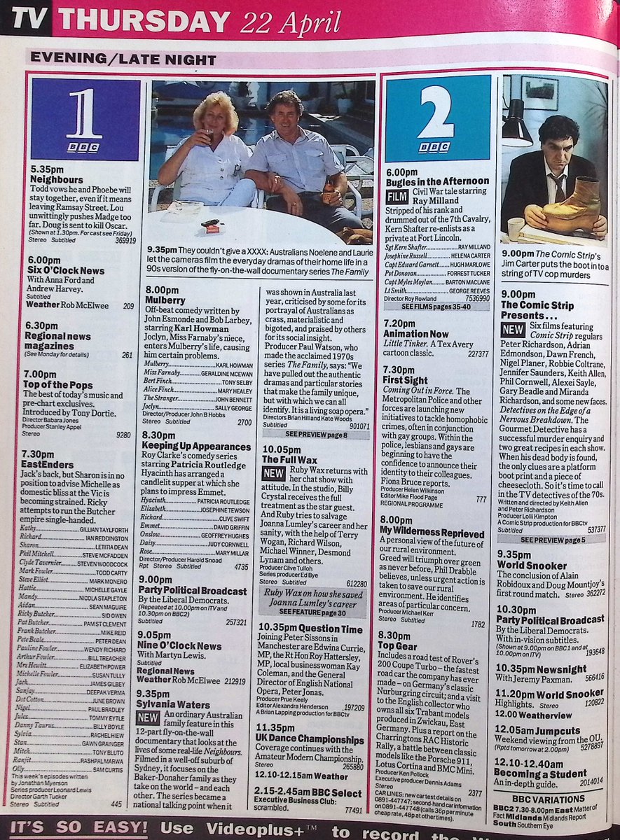 TvDidYouSee's tweet image. #OnThisDay 22 April 1993 📺TV
Fly-on-the-wall documentary SYLVANIA WATERS, featuring an ordinary Australian family, begins.
#RubyWax tries to salvage #JoannaLumley&apos;s career in THE FULL WAX.
#TonySlattery is JUST A GIGOLO.
Domestic bliss at the Vic is strained in #EastEnders.