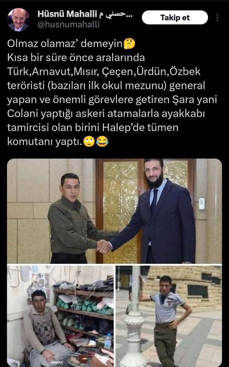 Firas Yakupoğlu (@yakupfiras) on Twitter photo HADDİNİ BİL HÜSNÜ!
Sen kendi ülken için savaşmayı göze alamazken, ayakkabıcı diye hor gördüğün küçümseyerek bahsetdiğin yiğit, yıllardır DAEŞ, Esad ve PKK gibi terör örgütlerine karşı mücadelede defalarca yaralandı, ölümden döndü ve sonunda hak ettiği göreve geldi.<a href="/husnumahalli/">Hüsnü Mahalli حسني محلي</a> HADDİNİ BİL HÜSNÜ!
Sen kendi ülken için savaşmayı göze alamazken, ayakkabıcı diye hor gördüğün küçümseyerek bahsetdiğin yiğit, yıllardır DAEŞ, Esad ve PKK gibi terör örgütlerine karşı mücadelede defalarca yaralandı, ölümden döndü ve sonunda hak ettiği göreve geldi.<a href="/husnumahalli/">Hüsnü Mahalli حسني محلي</a>