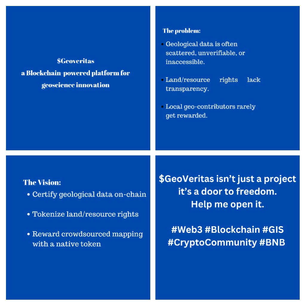LadyRucky's tweet photo. I created GeoVeritas โ a blockchain + geology project.
It aims to certify geo-data on-chain, tokenize land/resource rights, and reward crowdsourced mapping efforts using a native token. It's a big idea. But it's real. And Iโm ready to part with it to regain peace. https://t.co/wXB5aQ4pp1