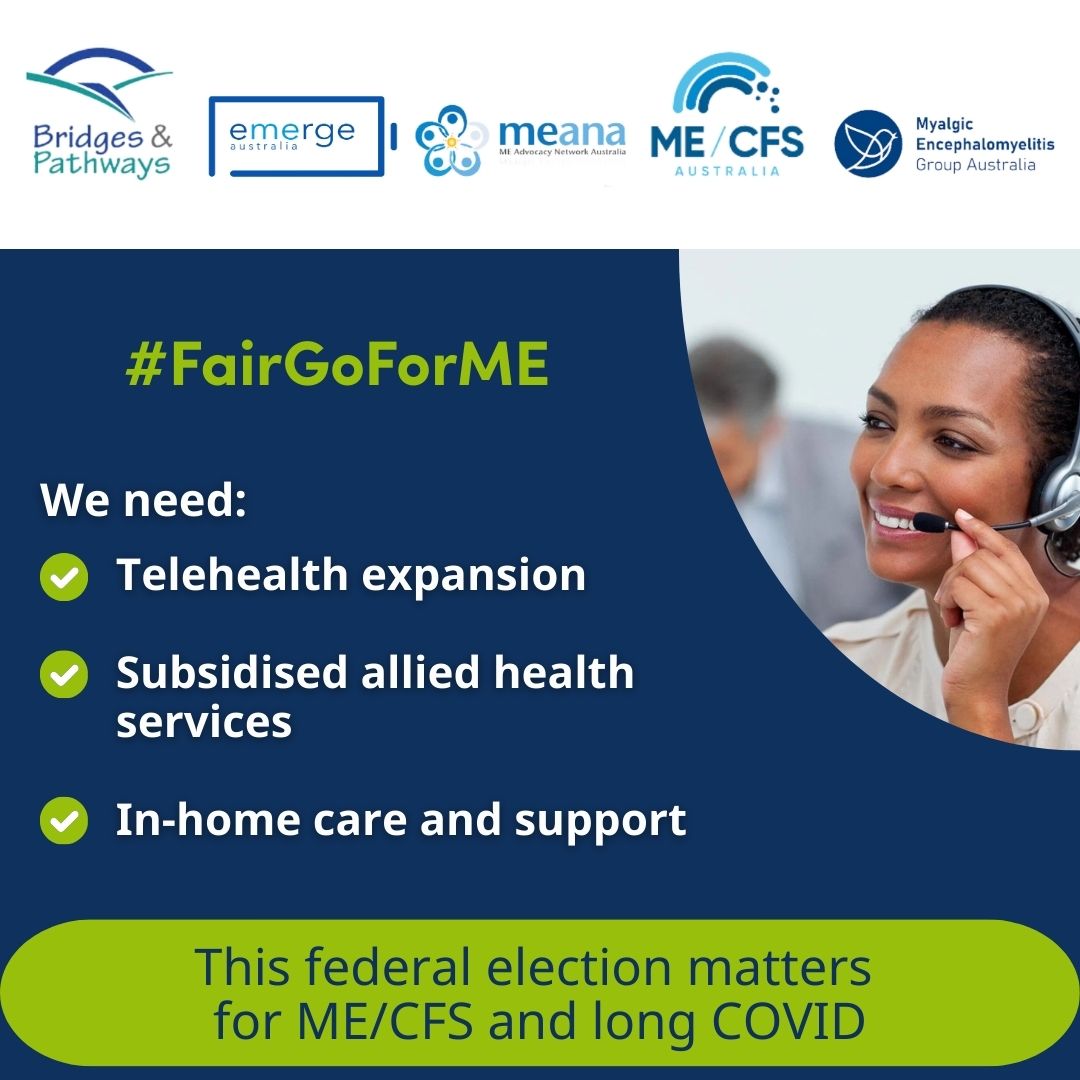 ME Group Australia (Rachel) (@megroupaust) on Twitter photo 25% of #MyalgicEncephalomyelitis, #MEcfs & many #longCOVID are homebound (#FHBP). They need better #healthcare!
Tell your candidates you'll vote for those who will give #pwME & #pwLC a #FairGoForME #AusVotes2025 #auspol
<a href="/EmergeAus/">Emerge Australia</a> <a href="/mecfsaustralia/">ME/CFS Australia</a> <a href="/MEAdvNetAu/">ME Advocacy Network Australia (MEANA)</a> 25% of #MyalgicEncephalomyelitis, #MEcfs & many #longCOVID are homebound (#FHBP). They need better #healthcare!
Tell your candidates you'll vote for those who will give #pwME & #pwLC a #FairGoForME #AusVotes2025 #auspol
<a href="/EmergeAus/">Emerge Australia</a> <a href="/mecfsaustralia/">ME/CFS Australia</a> <a href="/MEAdvNetAu/">ME Advocacy Network Australia (MEANA)</a>