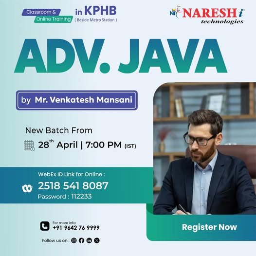 nareshitkphb's tweet image. 📣 ADV. JAVA TRAINING – Get Trained by Mr. Venkatesh Mansani!
📲 Register: t.ly/AdvJ-28A

🗓️ 28th April | 🕖 7:00 PM IST
📍 KPHB + Online

📞 +91 9642 76 9999

#Java #AdvancedJava #NareshIT #JavaTraining #Servlets #JSP #BackendDev #JavaCareer #Upskill2025