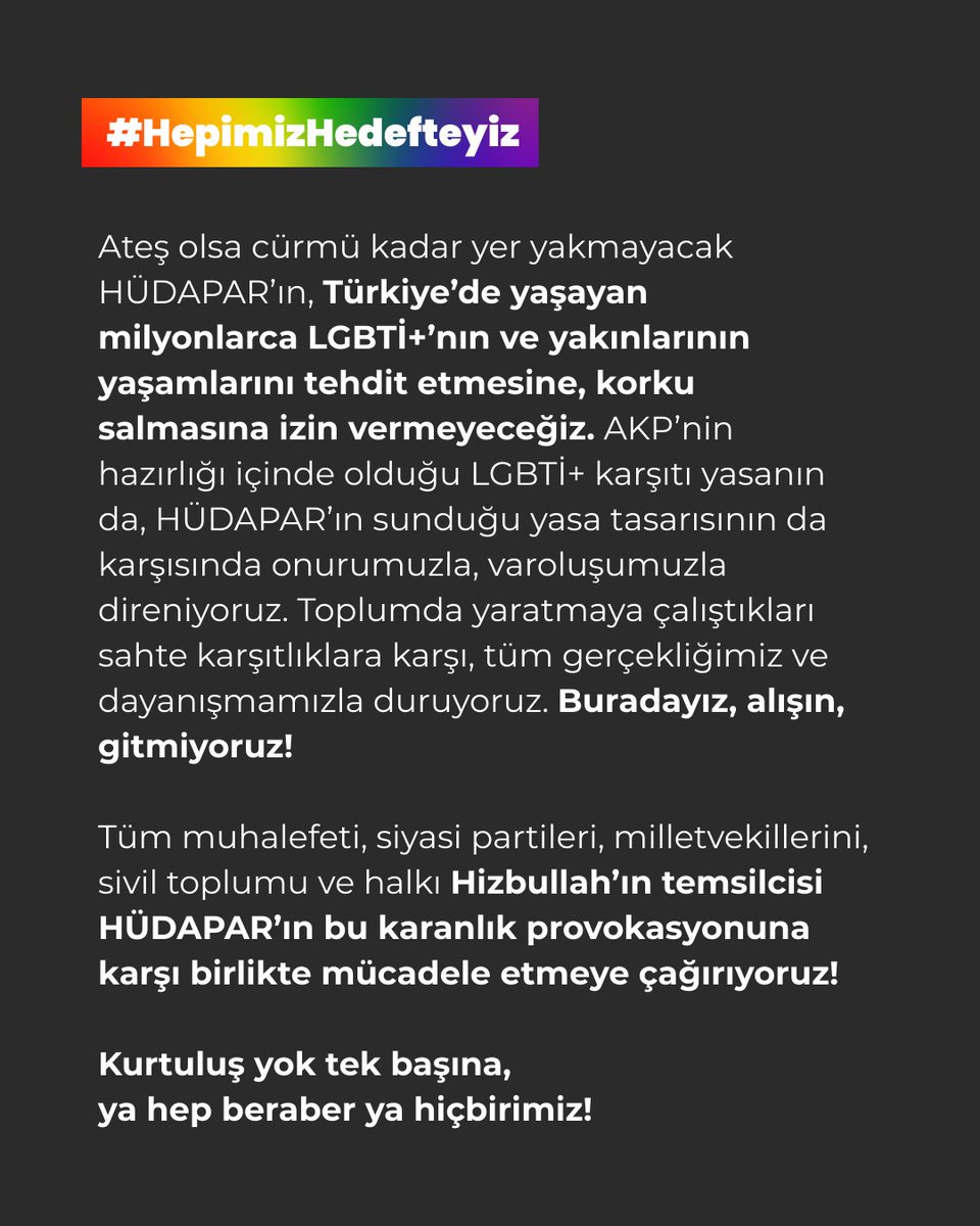 ozgurrenkler's tweet image. 📢HÜDAPAR&apos;ın yasa tasarısı provakasyonuna karşı LGBTİ+ Dernekleri olarak ortak açıklamamız: &quot;Ölüme de sıtmaya da razı gelmiyoruz! Ayrımcı yasalarınıza karşı direniyoruz!&quot;   

#HepimizHedefteyiz 
#LGBTIQlarKriminalizeEdilemez