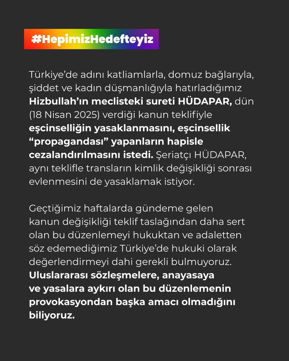 ozgurrenkler's tweet image. 📢HÜDAPAR&apos;ın yasa tasarısı provakasyonuna karşı LGBTİ+ Dernekleri olarak ortak açıklamamız: &quot;Ölüme de sıtmaya da razı gelmiyoruz! Ayrımcı yasalarınıza karşı direniyoruz!&quot;   

#HepimizHedefteyiz 
#LGBTIQlarKriminalizeEdilemez