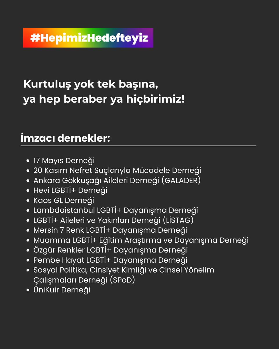 ozgurrenkler's tweet image. 📢HÜDAPAR&apos;ın yasa tasarısı provakasyonuna karşı LGBTİ+ Dernekleri olarak ortak açıklamamız: &quot;Ölüme de sıtmaya da razı gelmiyoruz! Ayrımcı yasalarınıza karşı direniyoruz!&quot;   

#HepimizHedefteyiz 
#LGBTIQlarKriminalizeEdilemez