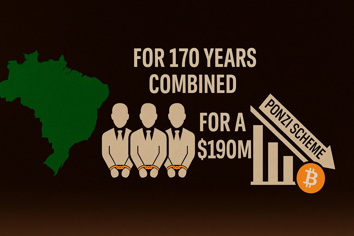 Crypto_TechP's tweet photo. 🚨 Brazil: 3 men jailed for 170 years combined for a $190M crypto Ponzi scheme using Braiscompany.

Over 20,000 investors defrauded with fake promises of 10–15% monthly returns.

Crypto is evolving—so must our vigilance. 👇

#CryptoScam #Brazil #Bitcoin #Ponzi #Braiscompany https://t.co/l3LQEZVSh9