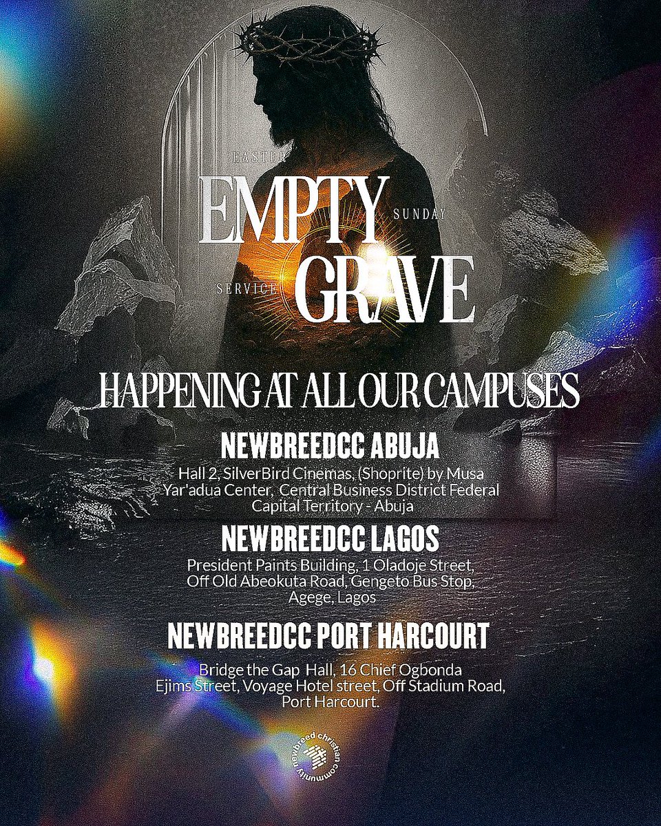 newbreedccng's tweet photo. This Sunday, we gather under the power of an empty graveโa victory that changed everything!๐ฅ
Sin is powerless. Death is defeated.
Because He lives, we rise โ whole, free, and full of purpose.
Come expectant! Leave recharged!
#NewbreedCC #EmptyGrave #EasterSunday #Jesusisalive https://t.co/ikdjwIgmuf
