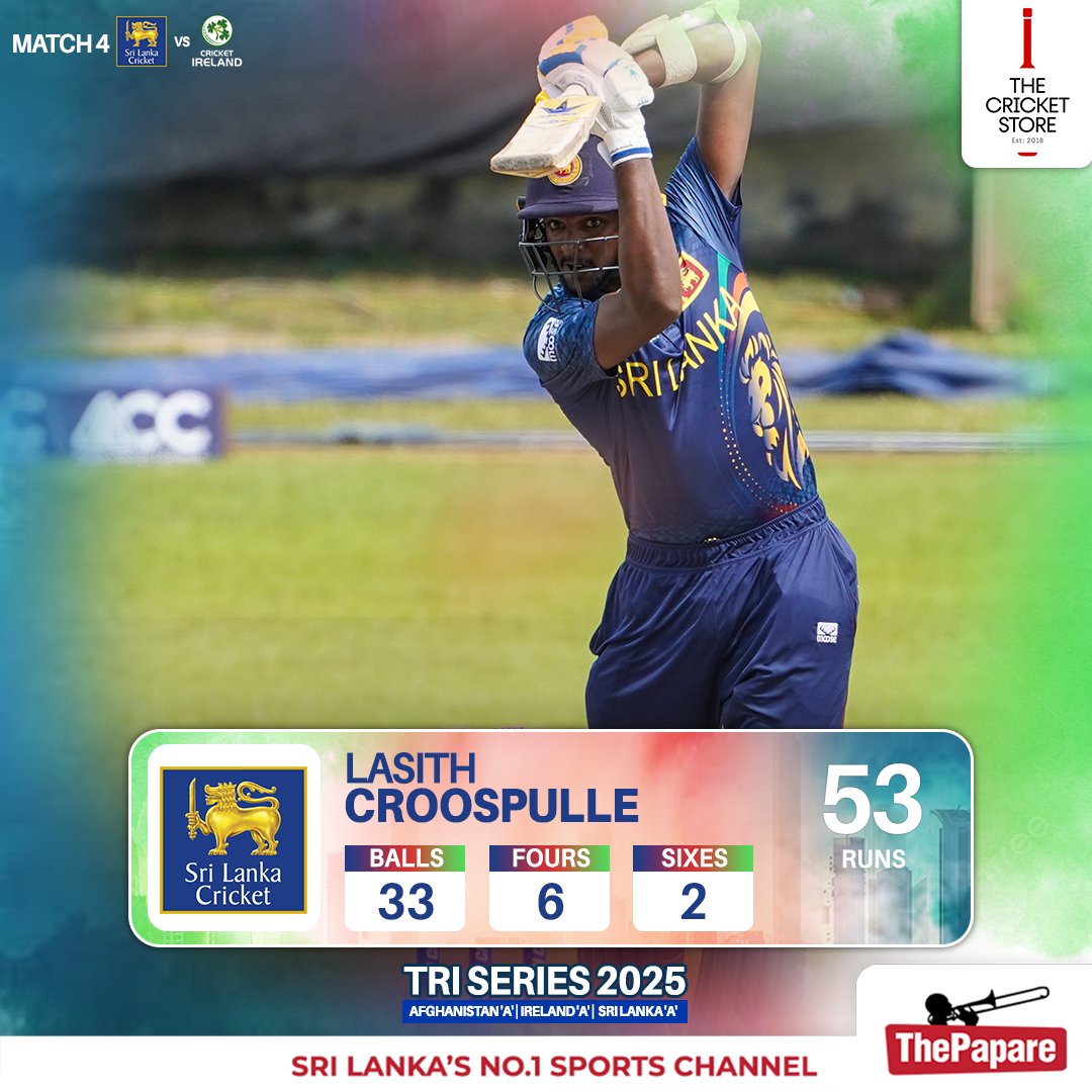 Lasith Croospulle sets the tone with a blistering half-century for Sri Lanka ‘A’.

#TriSeries #IREvSL

Coverage Powered by The Cricket Store

Watch LIVE Action on ThePapare 1 (Dialog TV Ch.62), Dialog ViU app and ThePapare.com. Season Pass - Rs. 124.00+ Tax.