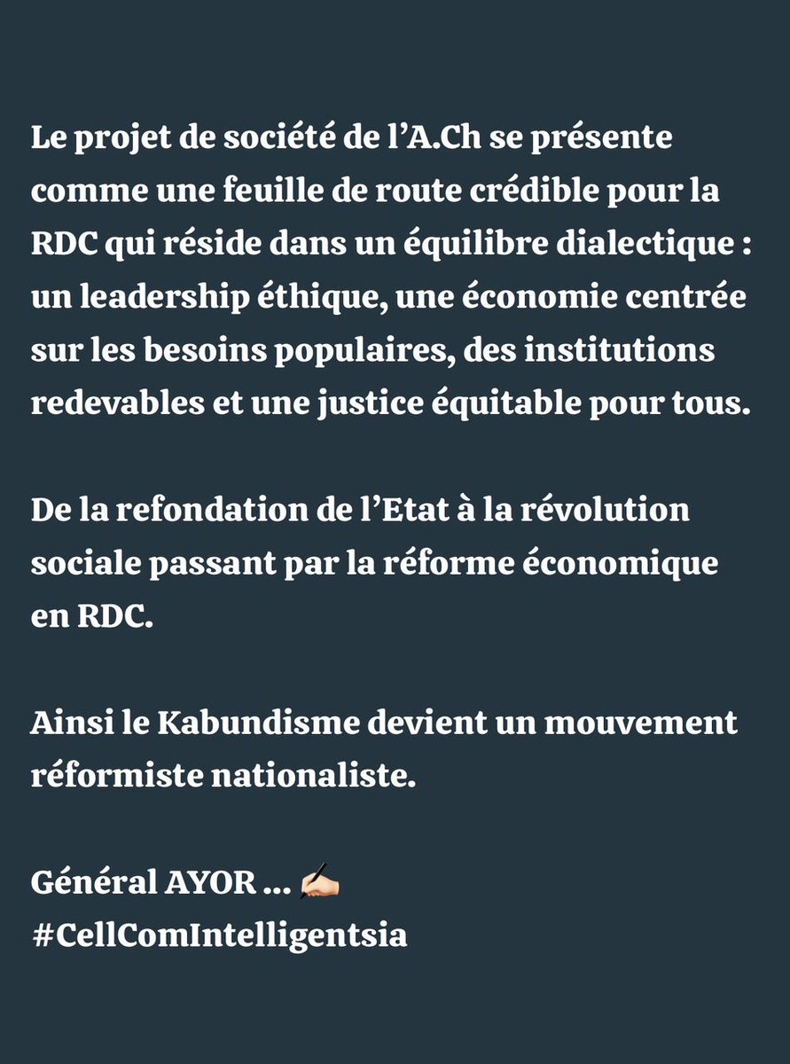 AyorOmpen's tweet photo. Alliance pour le Changement : un projet de société alternatif et cohérent
le Parti A_Ch, à travers son projet de société porté par @jmkkrock_kabund ambitionne de reconstruire l’État congolais sur des bases nouvelles. https://t.co/O8D3lAwMCh