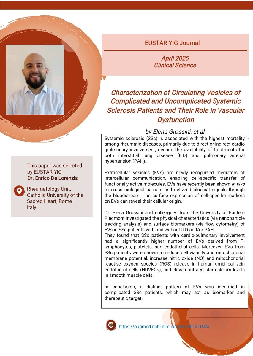 📢SSc Clinical Science Journal Club

💥 Hot news by Dr Enrico De Lorenzis (Italy)

🎯 WIN-  Extracellular vesicles⏩potential biomarkers and therapeutic targets in SSc vascular dysfunction? 👀

Find out more 👇
lnkd.in/dfsbJXaT

#EUSTAR #YIG