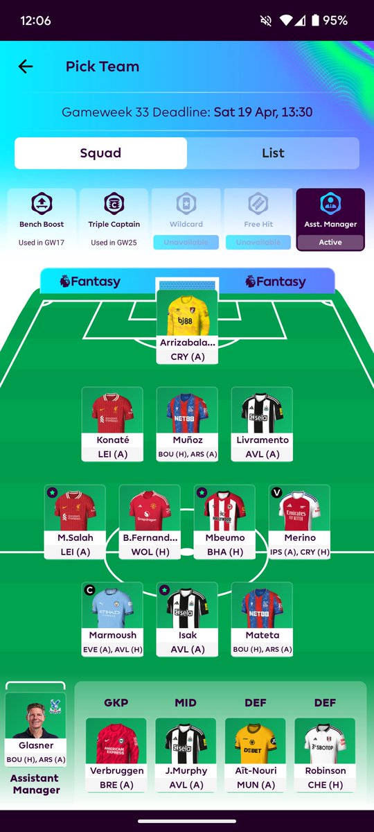 GW33 🔒
Hudson-Odoi &amp; Evanilson ➡️ Merino &amp; Marmoush (-4)
Marmoush 🧢
OR🌍 1M
Hoping to not drop rank too much this week...
#FPL #FPLCommunity