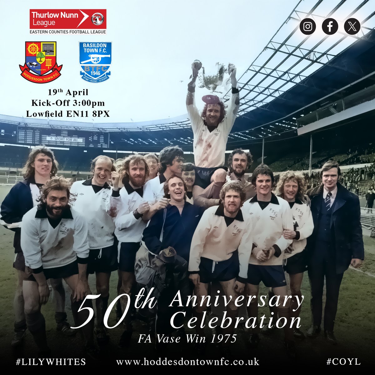 HoddesdonTownFC's tweet photo. MATCH DAY / 50th Anniversary of the FA Vase win

⏲️ Kick-Off 3pm
🏟️ Lowfield EN11 8PX
🆚 @BasTownFC 
🏆 @ThurlowNunnL 1st Div South
🎟️ Adults £8 / Concessions £5 / Under 12s FREE

Come on you Lilywhites

#NonLeague #FAVase50 #Wembley https://t.co/WFIZR3KsOu