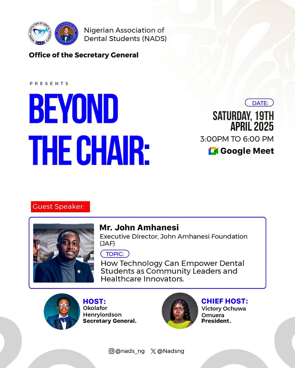 NadsNg's tweet image. Executive Director, John Amhanesi, will be sharing real-time rhema on how to empower students as healthcare innovators!💡  

🔴 LIVE TODAY at 3:00 PM (WAT)
📍 meet.google.com/cth-dfba-cjo

📌Secure your spots. 🔥 Don’t miss this transformative session!
#NextLevelThinking #MindsetShift