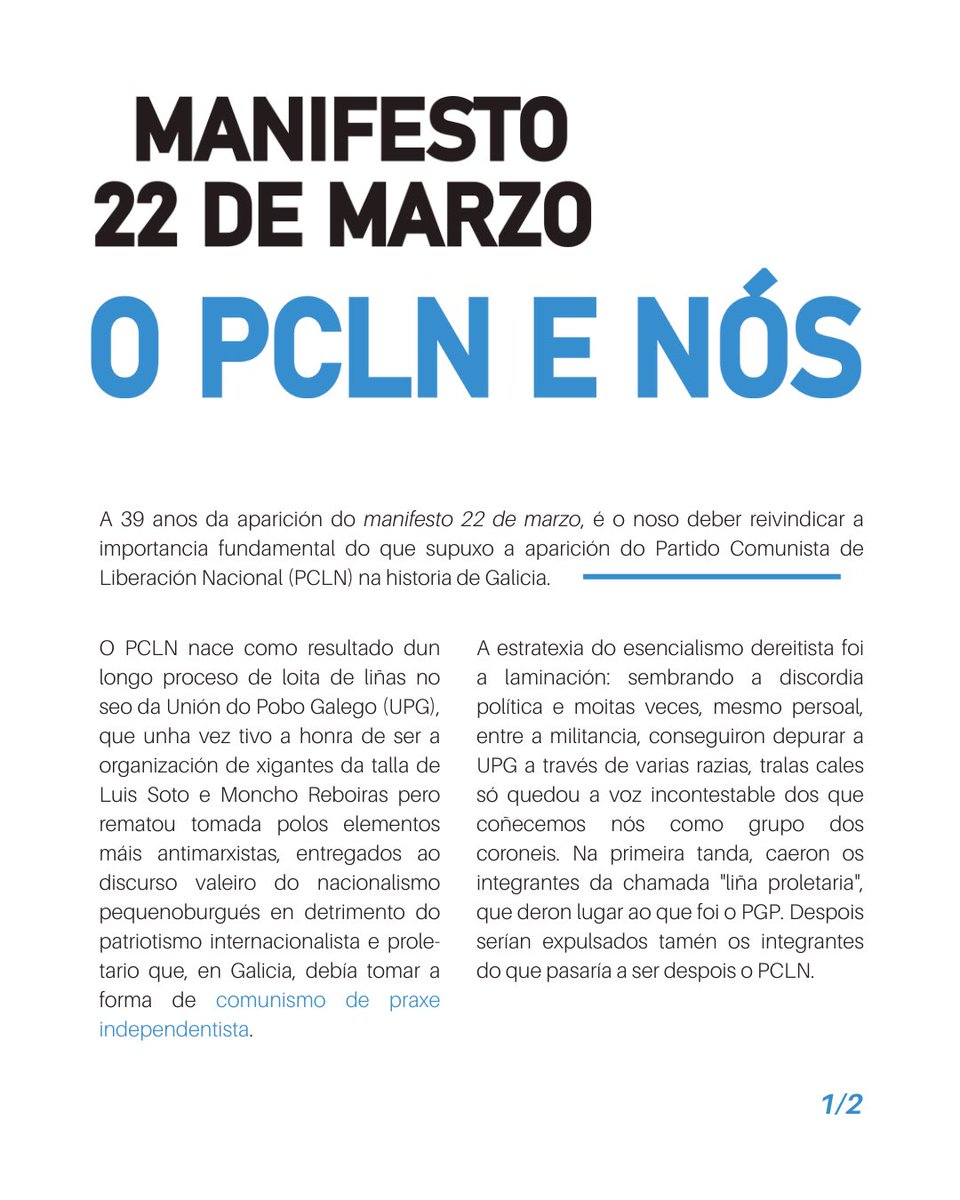 PCRG_gal's tweet photo. 🚩Manifesto 22 de Marzo
🔴O PCLN e nós.
#Faisca #marzo #PCLN #MLN #liberacionnacional #Historia https://t.co/gHEpOFVByY