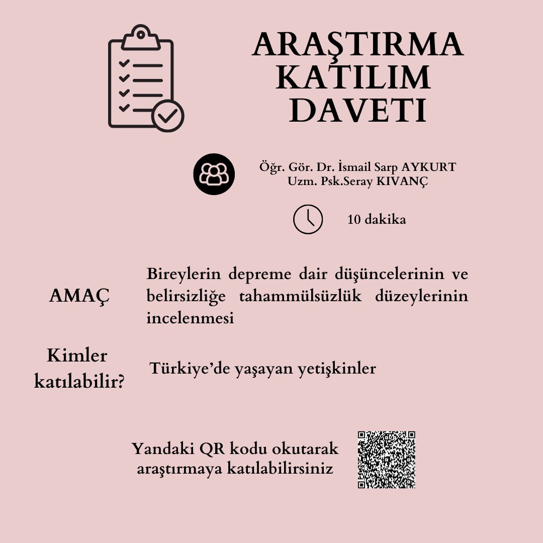 📢Sevgili dostum ve meslektaşım, Uzman Sosyal Psikolog, Mersin Üniversitesi Doktora öğrencisi Seray Kıvanç (<a href="/seraykivanc/">Seray Kıvanç</a>) ile önemli bir araştırma için kolları sıvadık. 

⚠️ Formu doldurup destek olmanızı bekliyoruz.

docs.google.com/forms/d/e/1FAI…