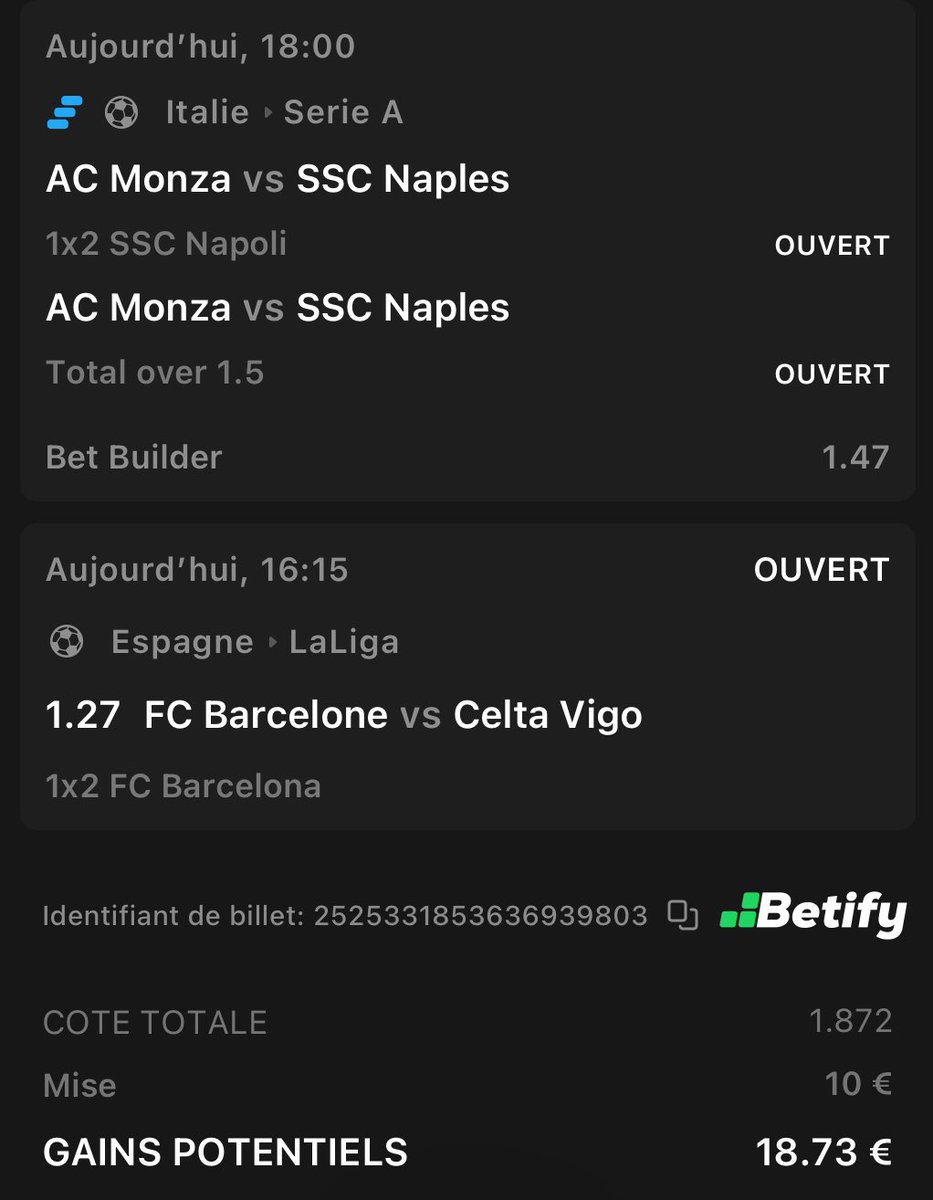 LeGauloisBets's tweet photo. ✅ COMBI SAFE FOOT
1️⃣ Naples gagne ou +1.5 buts
2️⃣ Barça gagne vs Celta
📈 Cote : 1.87 | 💰 Mise : 10€ → 18.73€
Deux grosses équipes à domicile pour sécuriser le samedi.
🔁 RT + ✅ Follow pour les prochains tickets
#LaCoteGauloise #PronosFoot #TeamParieur https://t.co/MQT61kt6tc