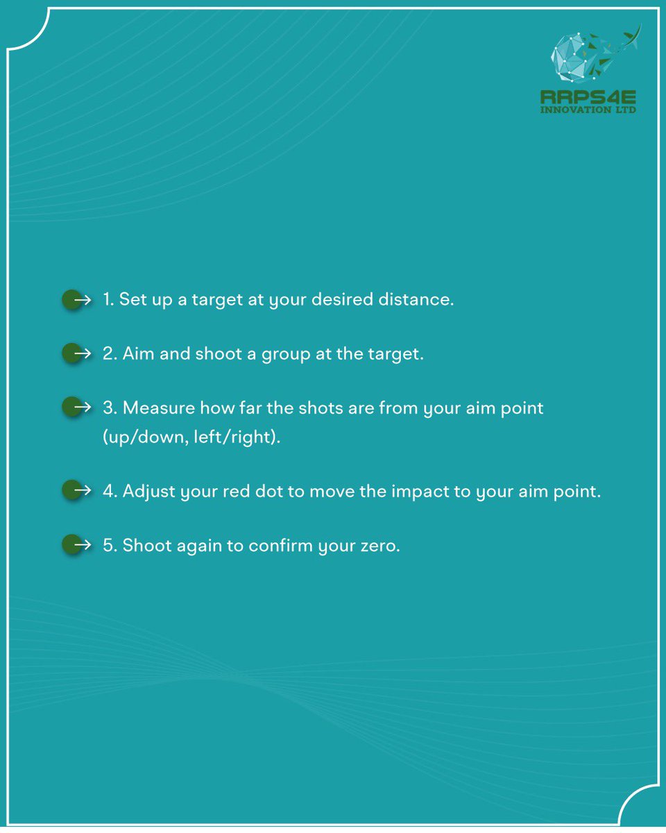 RRPS4E's tweet photo. Dial in Precision!
Zeroing your red dot doesn’t have to be complicated. Follow these 5 easy steps and get your shots right on target.
Ready to level up your aim? Swipe to learn how!

#TacticalTraining #FirearmBasics #Marksmanship #AR15 #ZeroYourOptic #PrecisionShooting #RPPS4E https://t.co/T7hUh885NG