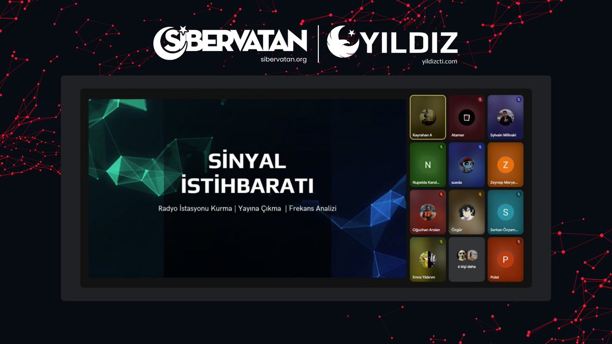 ✨Bu hafta, "Sinyal İstihbaratı" konusundaki sunumu ile bize değerli bilgiler aktaran Melih Kayrahan Ateş'e çok teşekkür ederiz.

#SiberVatan #YıldızCTI #CyberThreatIntelligence