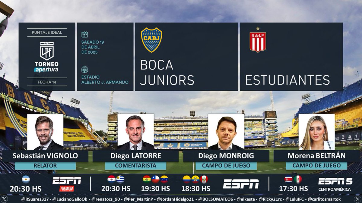 Puntaje Ideal (@puntaje_ideal) on Twitter photo ⚽ #TorneoApertura 🇦🇷 | #BocaJuniors vs. #Estudiantes
🎙 Relator: <a href="/PolloVignolo/">Sebastián Vignolo</a>
🎙 Comentarista: <a href="/dflatorre/">Diego Latorre</a>
🎙 Campo de juego: <a href="/MonroigDiego/">Diego Monroig</a> y <a href="/morenabeltran10/">More Beltrán⭐️⭐️⭐️</a>
📺 #ESPNPremium 🇦🇷
📺 #ESPN Sur (❌🇦🇷) | #ESPN 5 Centro
💻📱 <a href="/disneyplusla/">Disney+ Latinoamérica</a> (❌🇦🇷)
🤳 #LPFxESPN - #PackFútbol - ⚽ #TorneoApertura 🇦🇷 | #BocaJuniors vs. #Estudiantes
🎙 Relator: <a href="/PolloVignolo/">Sebastián Vignolo</a>
🎙 Comentarista: <a href="/dflatorre/">Diego Latorre</a>
🎙 Campo de juego: <a href="/MonroigDiego/">Diego Monroig</a> y <a href="/morenabeltran10/">More Beltrán⭐️⭐️⭐️</a>
📺 #ESPNPremium 🇦🇷
📺 #ESPN Sur (❌🇦🇷) | #ESPN 5 Centro
💻📱 <a href="/disneyplusla/">Disney+ Latinoamérica</a> (❌🇦🇷)
🤳 #LPFxESPN - #PackFútbol -