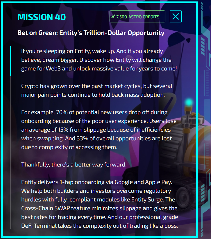 harhpee's tweet photo. Entity Space Race
MISSION 40 ANSWERS
Q1. D = 70%
Q2. C = Terminal
Q3. A = $250B
Q4. D = 20+
>DCAD<
Join https://t.co/Mv7Z6cggmr
#Airdrop #ENT $ENT #nothing #ANC #Entopia https://t.co/QQuhBdSt2Q