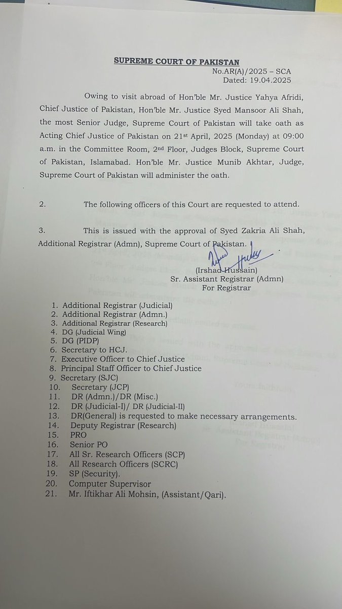 Justice Syed Mansoor Ali Shah will take oath as acting Chief Justice of Pakistan (CJP) on Monday….