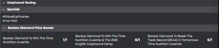 🐶🏆BOCKOS DIAMOND🏆🐶

The reigning Irish Derby Champion, BOCKOS DIAMOND is running in The Juvenile, en route to his attempt at immortality in the English Greyhound Derby this year.

We have some specials for his legion of fans on site now!

📱💻 pricedup.bet/sport-special/…