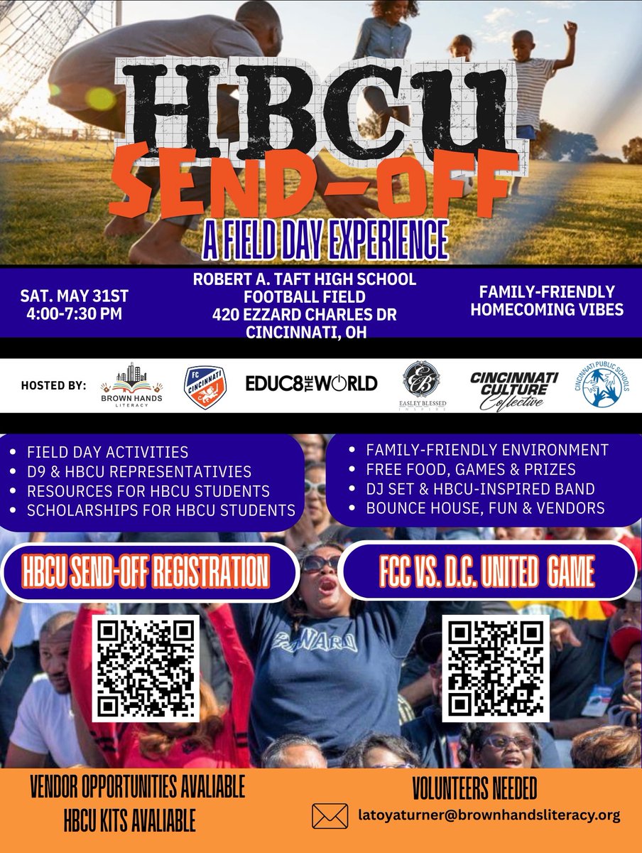 Brown Hands Literacy (@brownhandslit) on Twitter photo Cincinnati! Join us for the 2nd Annual HBCU Send-Off in partnership with <a href="/fccincinnati/">FC Cincinnati</a>
Homecoming vibes for the whole family in the Queen City! Join us as we celebrate HBCU culture, family, and community with fun & pride!
RSVP: eventbrite.com/e/hbcu-send-of… Cincinnati! Join us for the 2nd Annual HBCU Send-Off in partnership with <a href="/fccincinnati/">FC Cincinnati</a>
Homecoming vibes for the whole family in the Queen City! Join us as we celebrate HBCU culture, family, and community with fun & pride!
RSVP: eventbrite.com/e/hbcu-send-of…