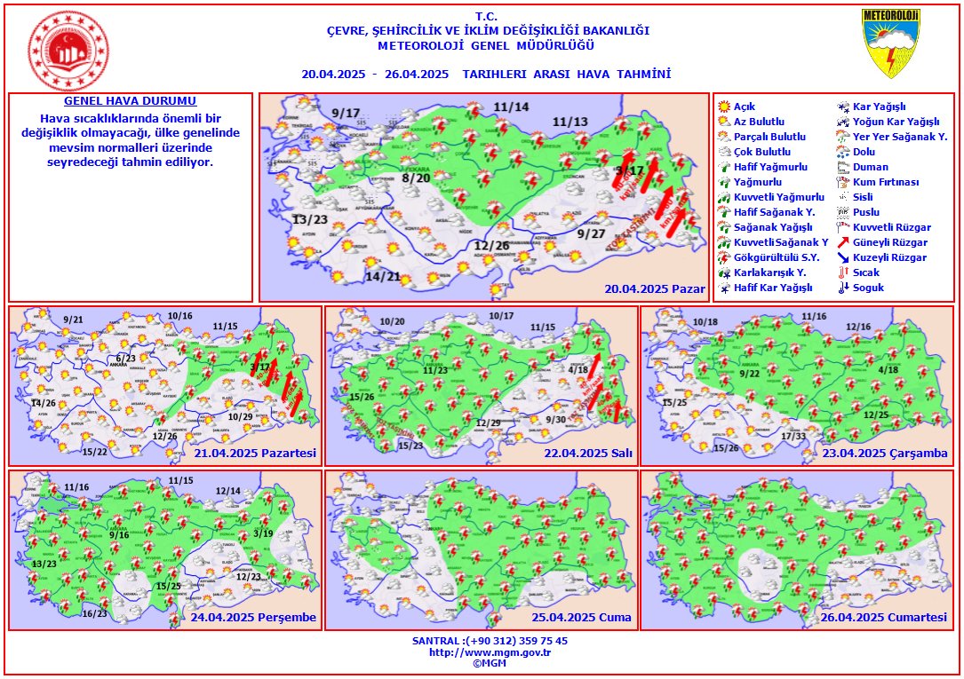 Haftalık Hava Tahmini
🗓️(20 - 26 Nisan 2025)
Hava sıcaklıklarında önemli bir değişiklik olmayacağı, ülkemiz genelinde mevsim normalleri üzerinde seyredeceği tahmin ediliyor.
