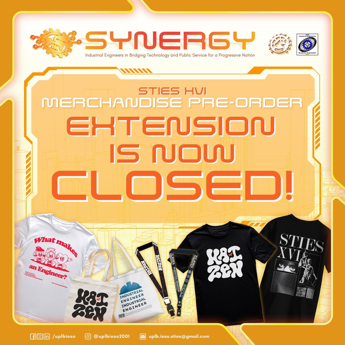 uplbieso2001's tweet photo. 🛠️ PRE-ORDER EXTENSION CLOSED! 🛠️

That’s a wrap on the SYNERGY Merchandise pre-order extension!

Thank you for fueling the STIES XVI spirit — each shirt, tote, lanyard &amp; keychain now represents a wave of changemakers. ⚙️

Stay tuned for claiming details.

#SYNERGY #STIESXVI https://t.co/RiWlTaR7Yc