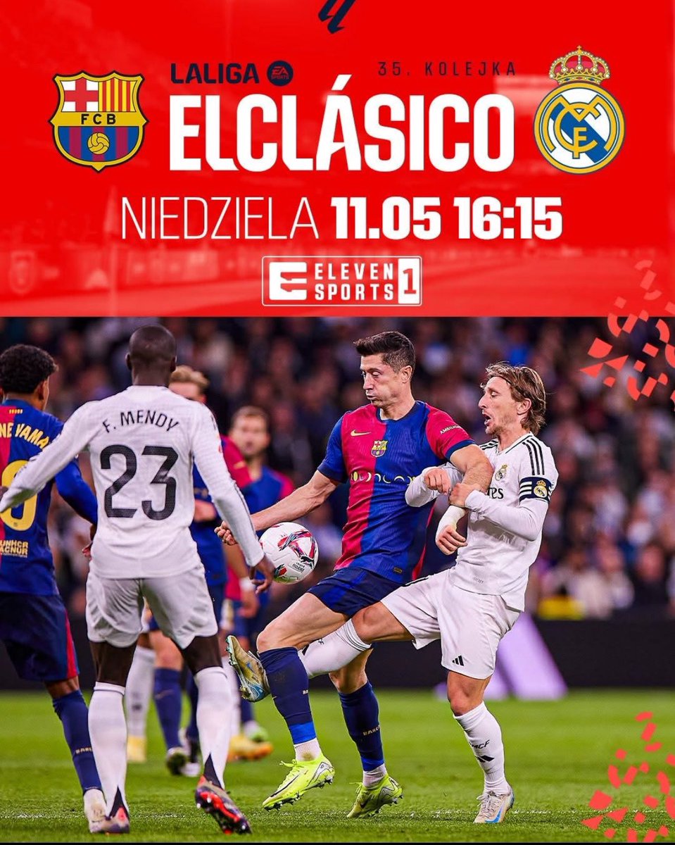 11 maja o 16:15 ligowe Clásico w <a href="/ELEVENSPORTSPL/">ELEVEN SPORTS PL</a>. Do Barcelony wysyłamy najmocniejszy skład, jakim dysponujemy:

<a href="/matimajak/">Mateusz Majak</a>
<a href="/UrbanPiotrek/">Piotrek Urban ツ</a> 
<a href="/maciej_kruk/">Maciej Kruk</a> 
<a href="/maja_strzelczyk/">Maja Strzelczyk</a> 
<a href="/LukaszWisniowsk/">Łukasz Wiśniowski</a> 
<a href="/marcin_gazda/">Marcin Gazda</a> 

A mecz skomentuje najlepszy duet w PL, czyli <a href="/matswiecicki/">Mateusz Święcicki</a> &amp; <a href="/sebchabiniak1/">Sebastian Chabiniak</a>