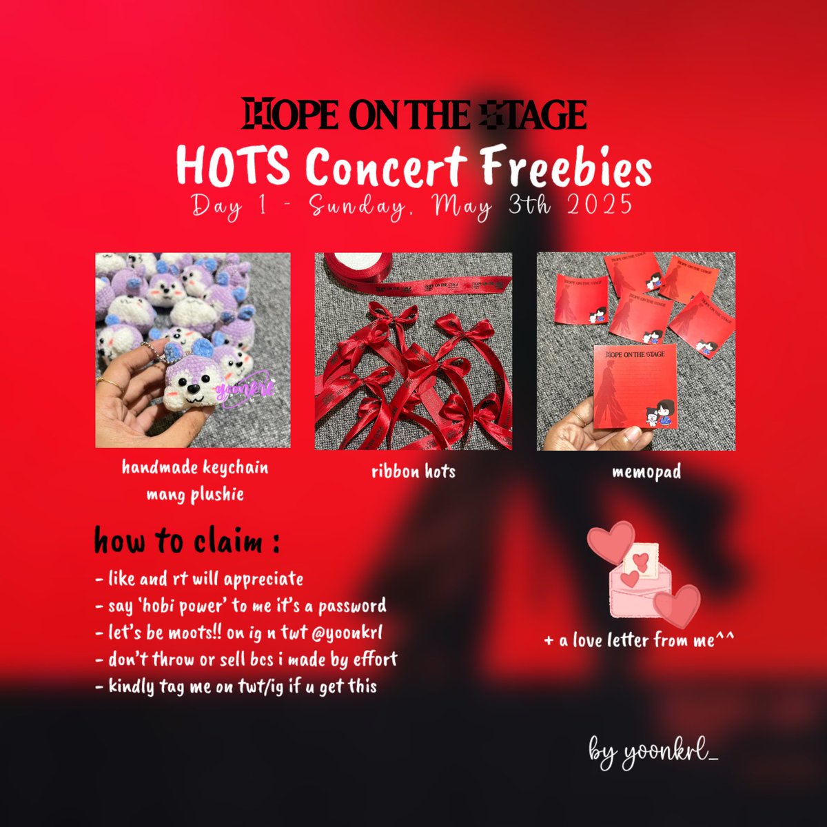 Hope on The Stage Tour in Jakarta
freebies by <a href="/yoonkrl_/">dey ⁷ arirang :p</a> 

📅 03 Mei (day 1)
📍 Indonesia Arena (spesific position tba)
🖇 limited quantity

stay healthy and safe 💗 see u there!!

#JHOPE 
#HOPE_ON_THE_STAGE_TOUR_JAKARTA