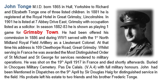 WW1BWFC's tweet image. John Tonge
Royal Field Artillery
Killed 19th April 1917 France
Footballer Grimsby Town