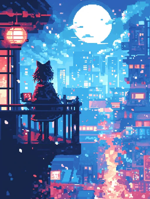  game art, 8bit, dot picture, pixel art, low-res, night city, kawaii girl, --niji 6 