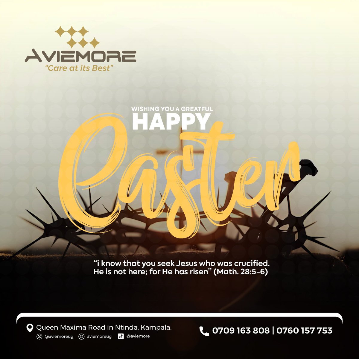 AviemoreUg's tweet photo. Happy Easter from Aviemore Hospital! May this season of renewal bring you peace, joy, and good health. Wishing you and your loved ones a blessed Easter filled with hope and happiness.  #HappyEaster #AviemoreHospital #EasterBlessings https://t.co/ZRroyglDjG