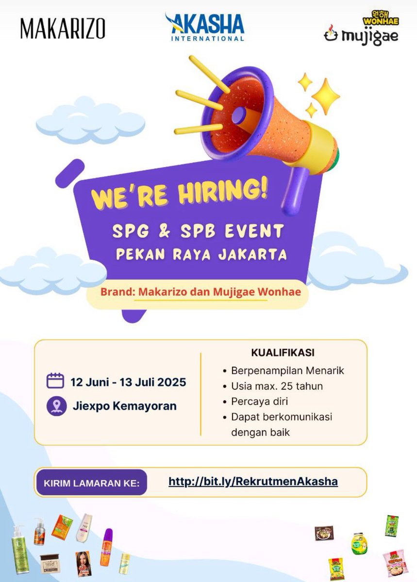 keroropanda's tweet photo. Hi guys, sorry long time no update anything hereeee 🙇🏻‍♀️😮‍💨

Btw, ada loker buat SPG/SPB lagi nih untuk brand Makarizo &amp; Mujigae pas di acara PRJ. Posisi ada banyak!

Gas langsung apply kesini ya
https://t.co/HZkRfNmldv https://t.co/drXXEQqAc0