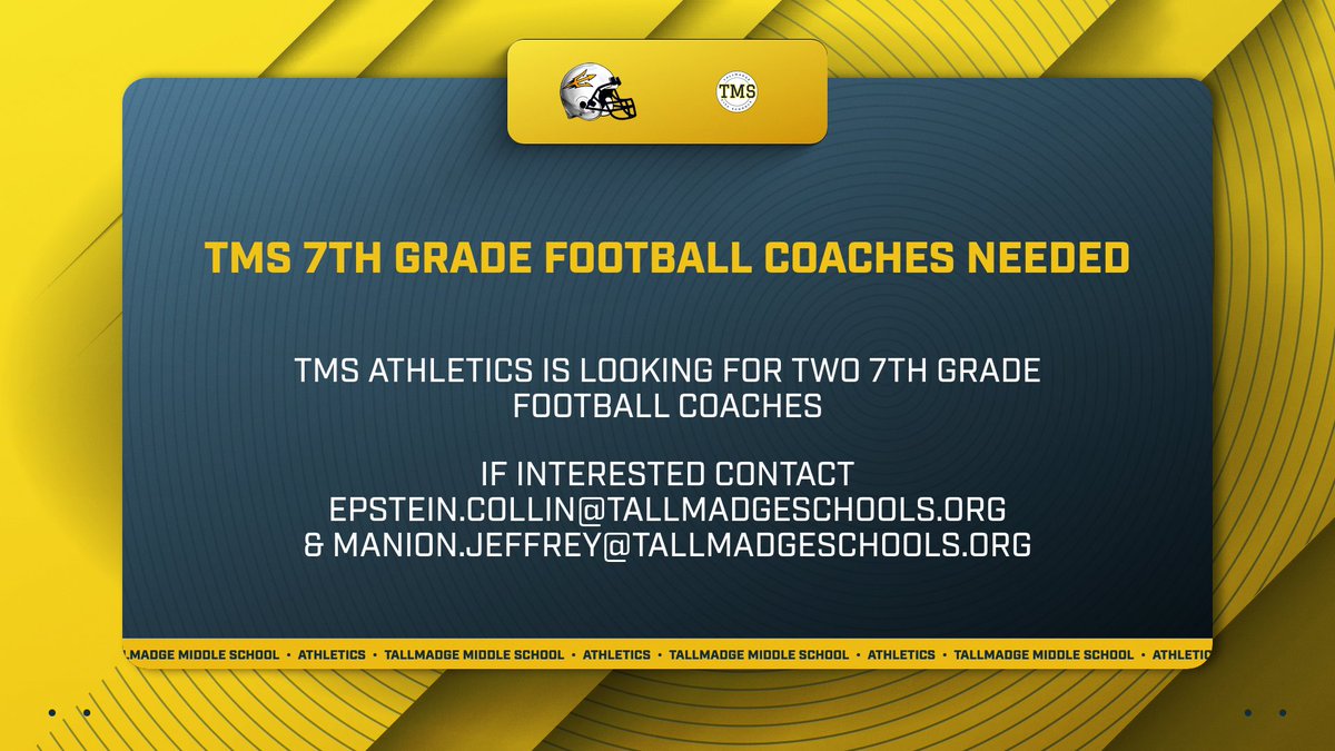 Coaching opportunity alert! TMS Athletics has openings for two 7th grade football coaches. Join our Blue Devil family and help develop tomorrow's athletes!