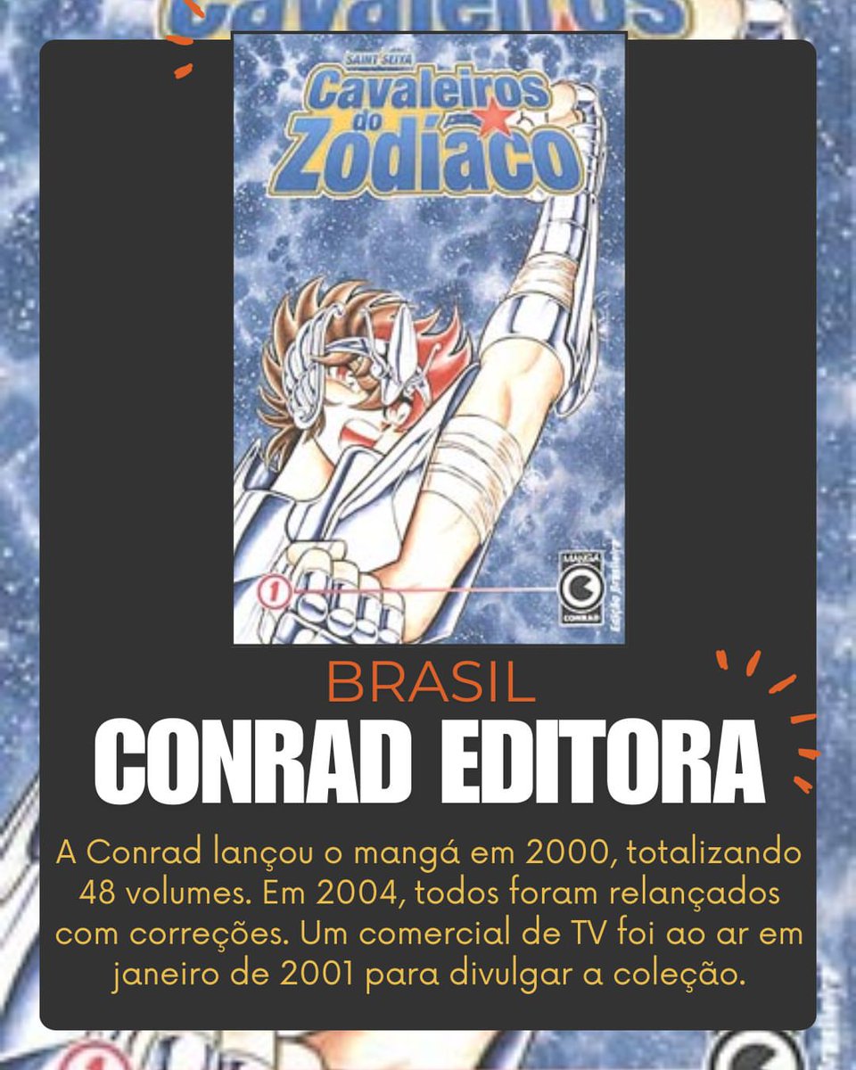 MultiSaintSeiya's tweet photo. No Brasil, Cavaleiros do Zodíaco teve várias fases marcantes: da pioneira @ConradEditora à luxuosa edição definitiva da @editorajbc. Cada relançamento mostrou a força da série e o crescimento do mercado de mangás por aqui. #SaintSeiya #CDZBrasil https://t.co/cR4LJKr5HS