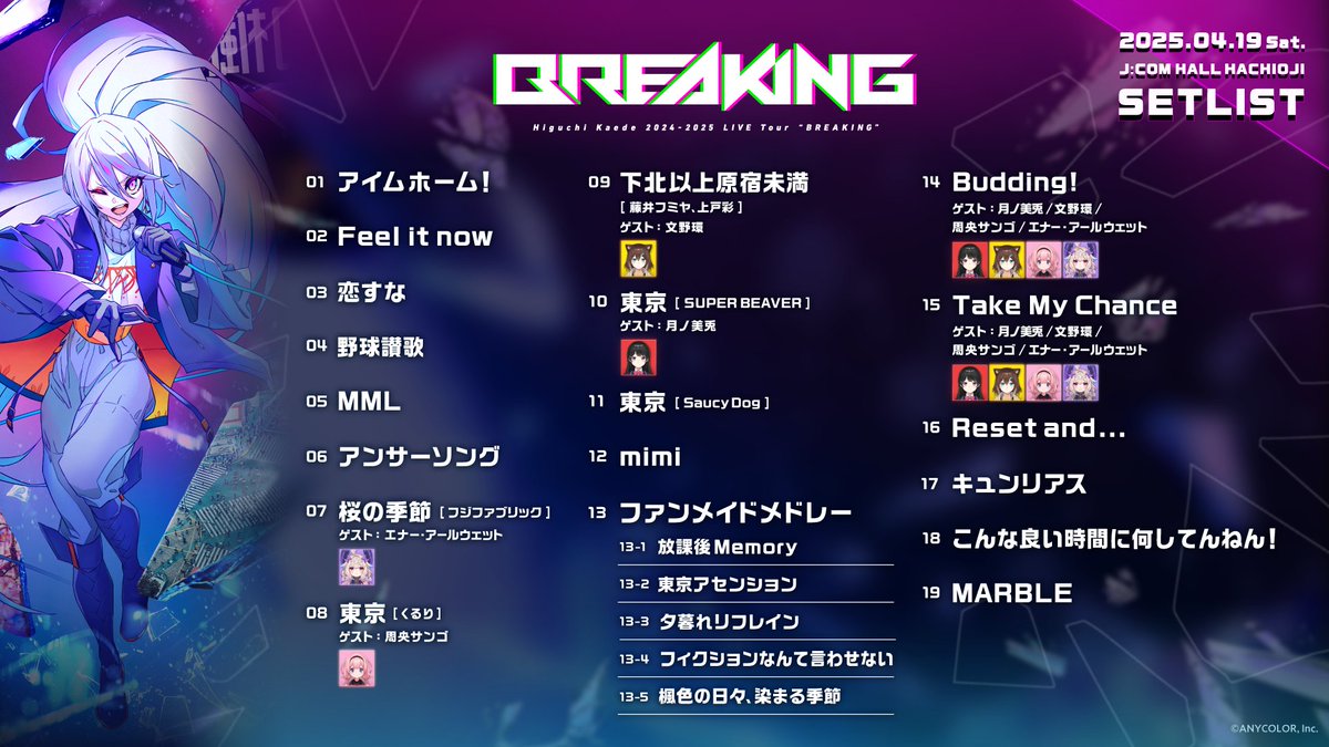 樋口楓 2024-2025 LIVE Tour “BREAKING” in Tokyo のセットリスト公開