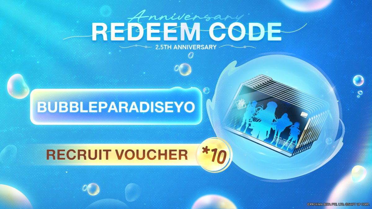 NIKKE_en's tweet photo. 【2.5th Anniversary CD Key Rewards】

Claim a total of 4 CD keys for our 2.5th Anniversary!

Redemption Code: 
1.「TACTICALBUBBLE」
2.「THXMISSILIS」
3.「BUBBLEPARADISEYO」
4.「NIKKEUNDERSEA」

Redemption Period
📅 ~ 5/31 23:59 (UTC+9)

Redeem via Lobby - Notice - CD-Key Redemption Portal

#NIKKE
#NIKKEAnniversary
#NIKKELivestream