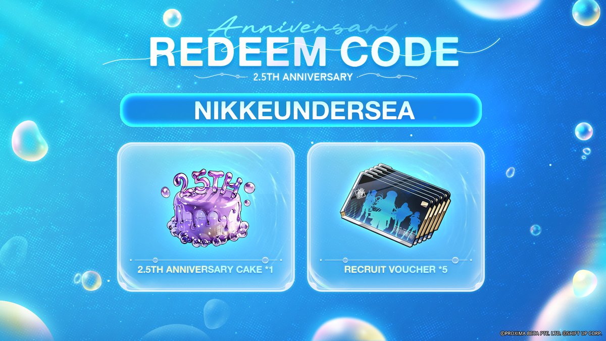 NIKKE_en's tweet photo. 【2.5th Anniversary CD Key Rewards】

Claim a total of 4 CD keys for our 2.5th Anniversary!

Redemption Code: 
1.「TACTICALBUBBLE」
2.「THXMISSILIS」
3.「BUBBLEPARADISEYO」
4.「NIKKEUNDERSEA」

Redemption Period
📅 ~ 5/31 23:59 (UTC+9)

Redeem via Lobby - Notice - CD-Key Redemption Portal

#NIKKE
#NIKKEAnniversary
#NIKKELivestream