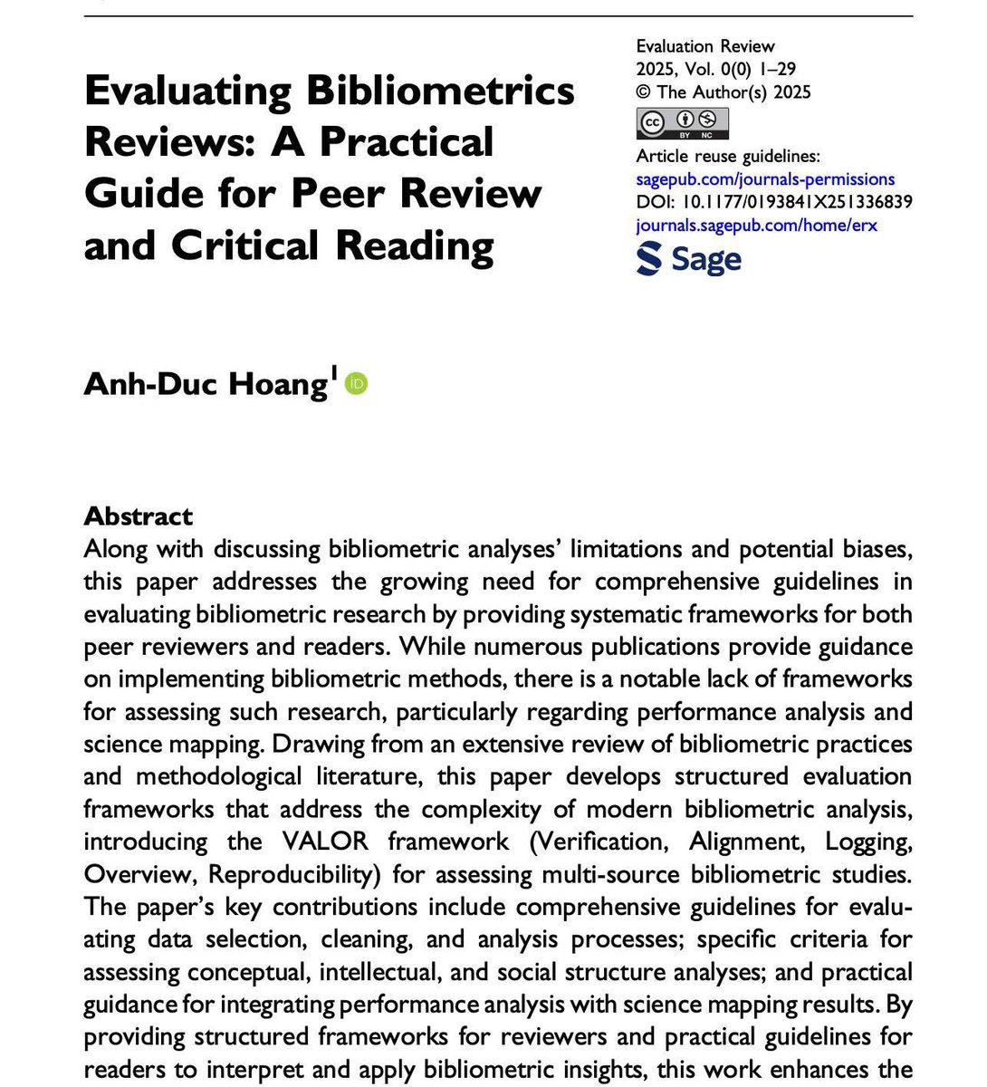 AlbusHoang's tweet photo. Excited to share my new article, published in Evaluation Review (Q1). This paper offers step-by-step guidelines to help researchers, reviewers, and readers navigate the complexity of bibliometric analysis to gain better insights into bibliometric papers. https://t.co/ntJYVUnZ4d