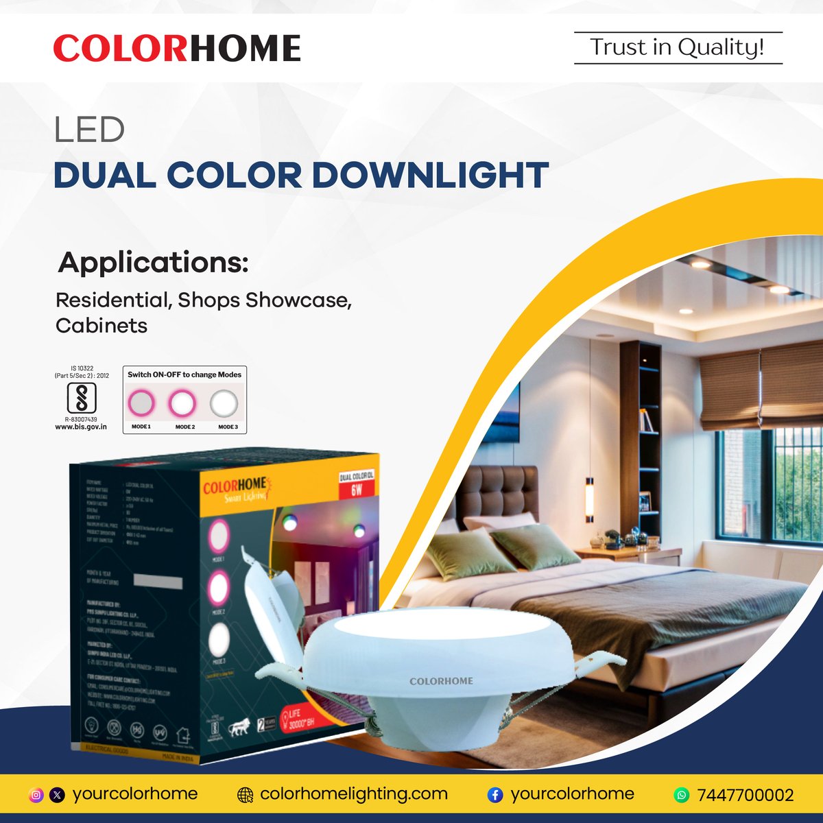 yourcolorhome's tweet image. Switch Moods, Switch Colours!
Colorhome LED Dual Colour DL ensures high-efficiency lighting with LM80-approved LEDs, advanced optics, and 4.0KV surge protection.

#Colorhome #Homelighting #Smartlighting #CampingLight #ColorfulLighting #HomeDecor #OnlineShopping #ECommerce