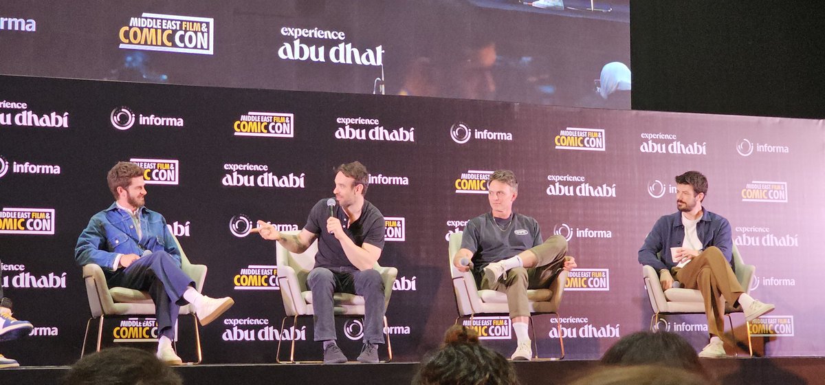 ddcastarchive's tweet image. Andrew Garfield, Charlie Cox, Wilson Bethel, and Grant Gustin at MEFCC