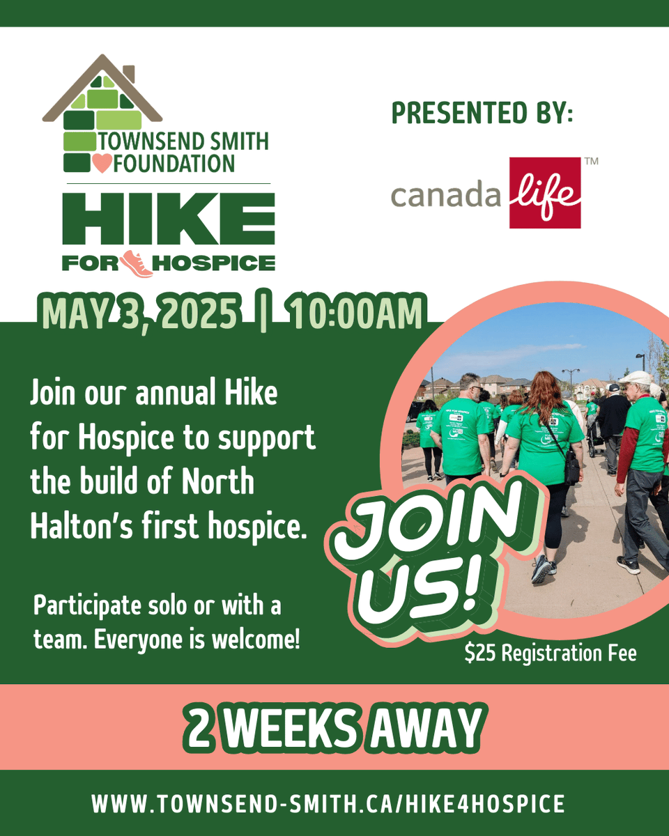 Mark your calendars for May 3rd, 2025 and join us for the Annual Hike for Hospice in support of the Townsend Smith Foundation 💚. Together, we’re taking steps to bring compassionate end-of-life care to North Halton.

🎉 REGISTER or DONATE – townsend-smith.ca/hike4hospice

#Hike4Hospice