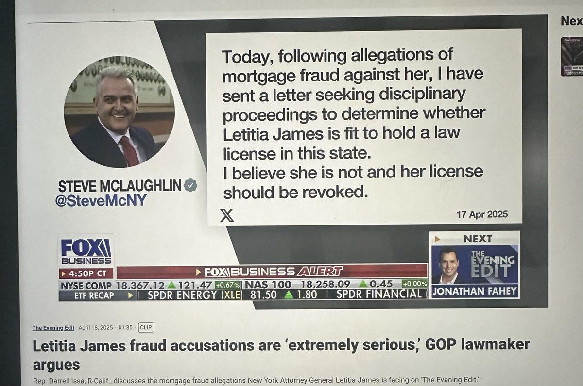SteveMcNY's tweet photo. Letitia James fraud accusations are ‘extremely serious,’ GOP lawmaker argues. @repdarrellissa is absolutely correct. Thanks to @FoxBusiness for using my X post. @TishJames has “allegedly” committed mortgage fraud, bank fraud, wire fraud, etc. She has DEFINITELY committed law-fare as well as campaign finance fraud.  
I’ve been the target of her law-fare (and destroyed her in court) so I know first hand what a dishonest, unethical thug she is.
@NEWSMAX @marklevinshow @MegynKellyShow @Gutfeldfox 

https://t.co/GKwss1Yy3B #FoxBusiness